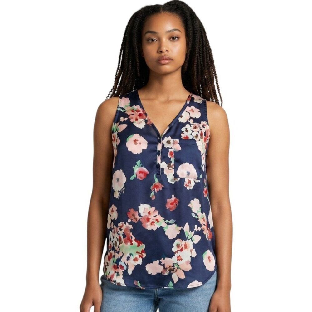 Hale Bob Floral Blouse S Navy V Neck Sleeveless Button Front Tank Top